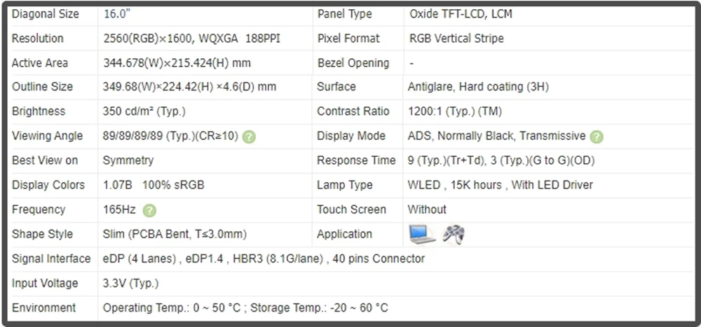 NE160QDM-NYC 16 inch Laptop LCD Screen Panel QHD 2560x1600 Non-touch