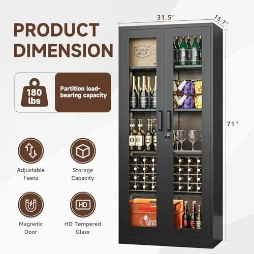 Display Cabinet with Glass Doors, 71 Inches Metal Display Case with 4 Adjustable Shelves, Curio Storage Cabinet with - view 4