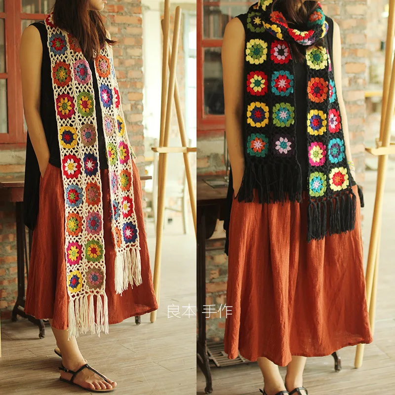 

[190 * 20] Purely Handmade Retro Mori Japanese Literary and Artistic Fan Wool Flower Scarf Shawl