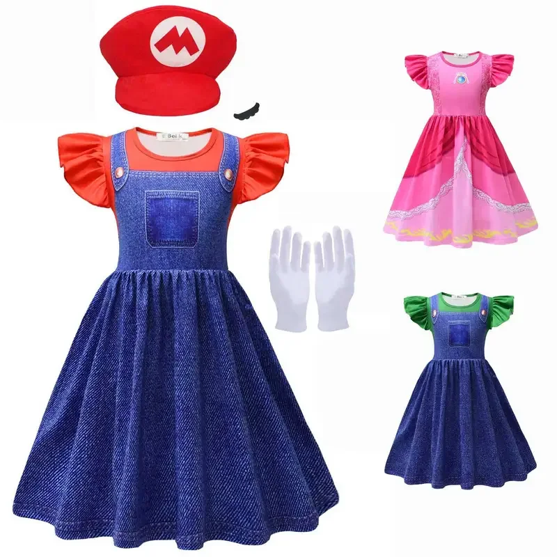 Princess Peach dress for girls Super Bros cosplay costume Luigi sundress cap beard costume