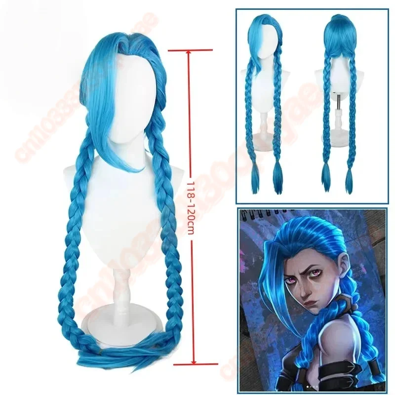 LOL Jinx Cosplay-Perücke, lang, geflochten, blau, die Perücke mit blauem Zopf, hitzebeständiges Kunsthaar, Anime-Perückenkappe