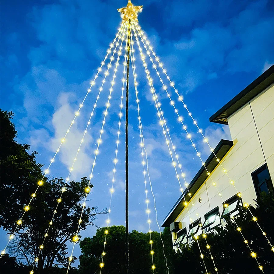 3M 9 Strands Christmas Decorations Star String Light 288LED Outdoor Waterfall Tree Light with Topper Star Christmas Icicle Light