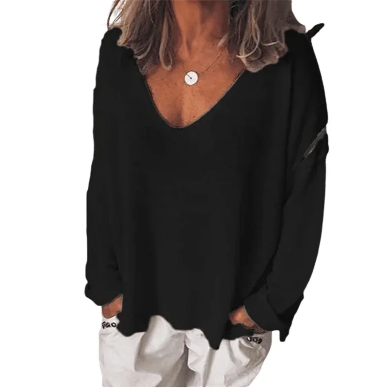 2023 Autumn Womens Clothing Solid Color T Shirts Casual Loose Tops Femme V-Neck Blouses Long Sleeve Thin Clothes Fashion Daily