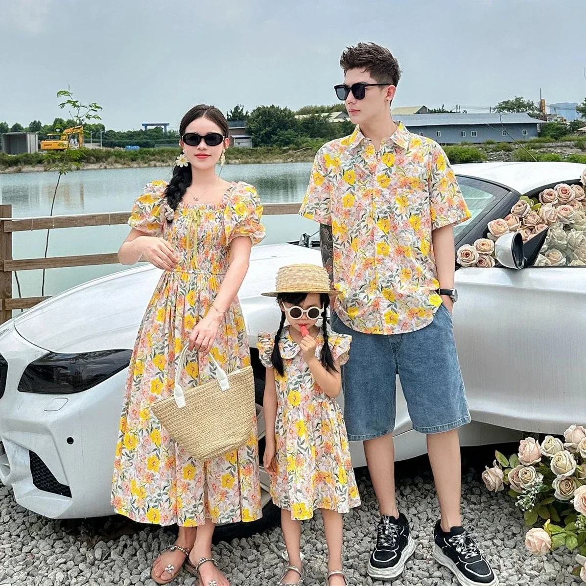 2025 Resort Couple Family Vacation Clothes Mom Daughter Floral Dresses Holiday Dad Son Shirts Brother Siater Matching Clothing