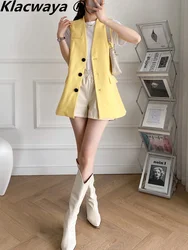 Klacwaya Women Vest Jacket Sleeveless Blazer Women Casual Yellow Women Vests Suit Waistcoat