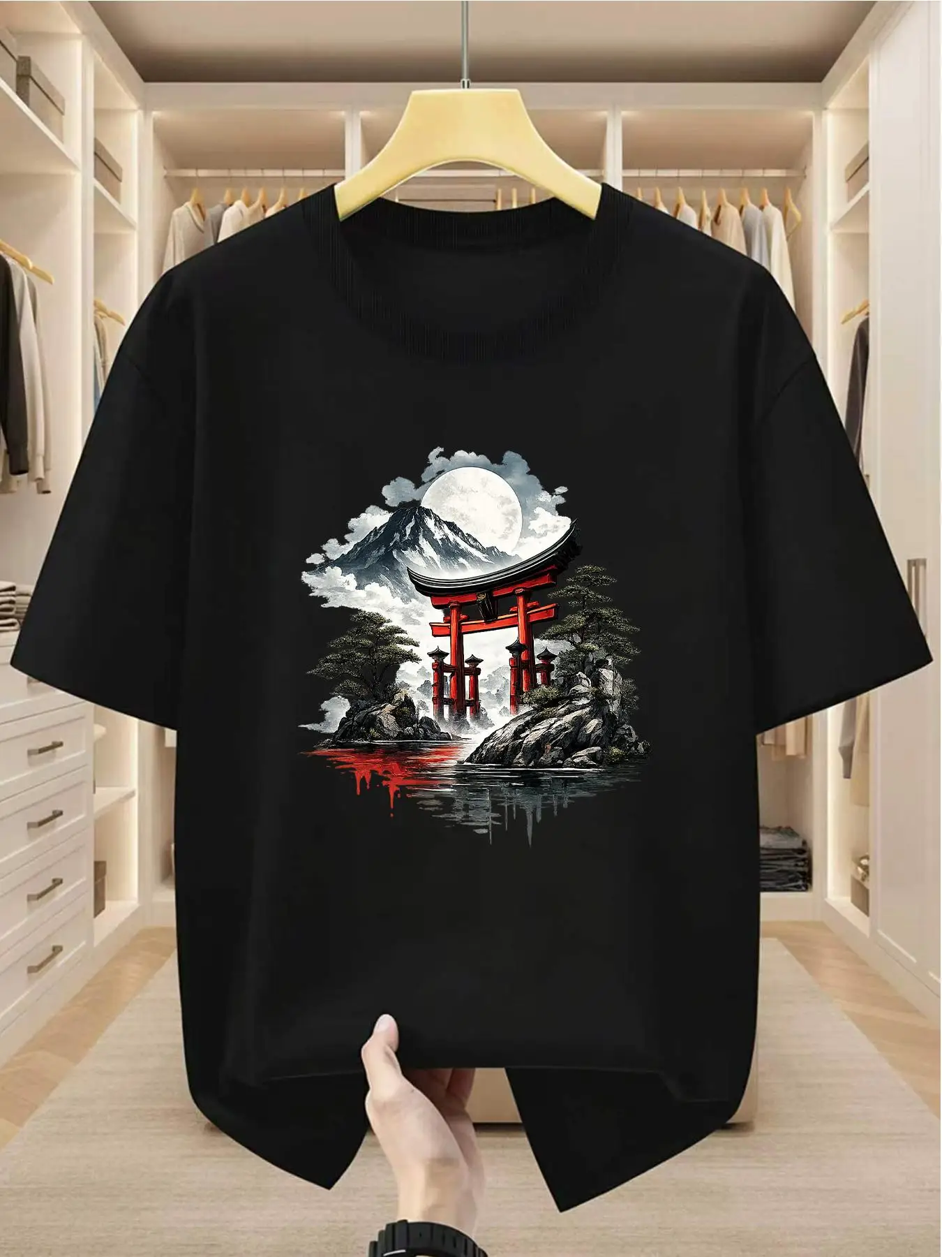 Men'S T-Shirt 100% with Japanese Torii Gate and Mount Fuji Scenic Print Comfortable Casual Short-Sleeved Tee for Summer