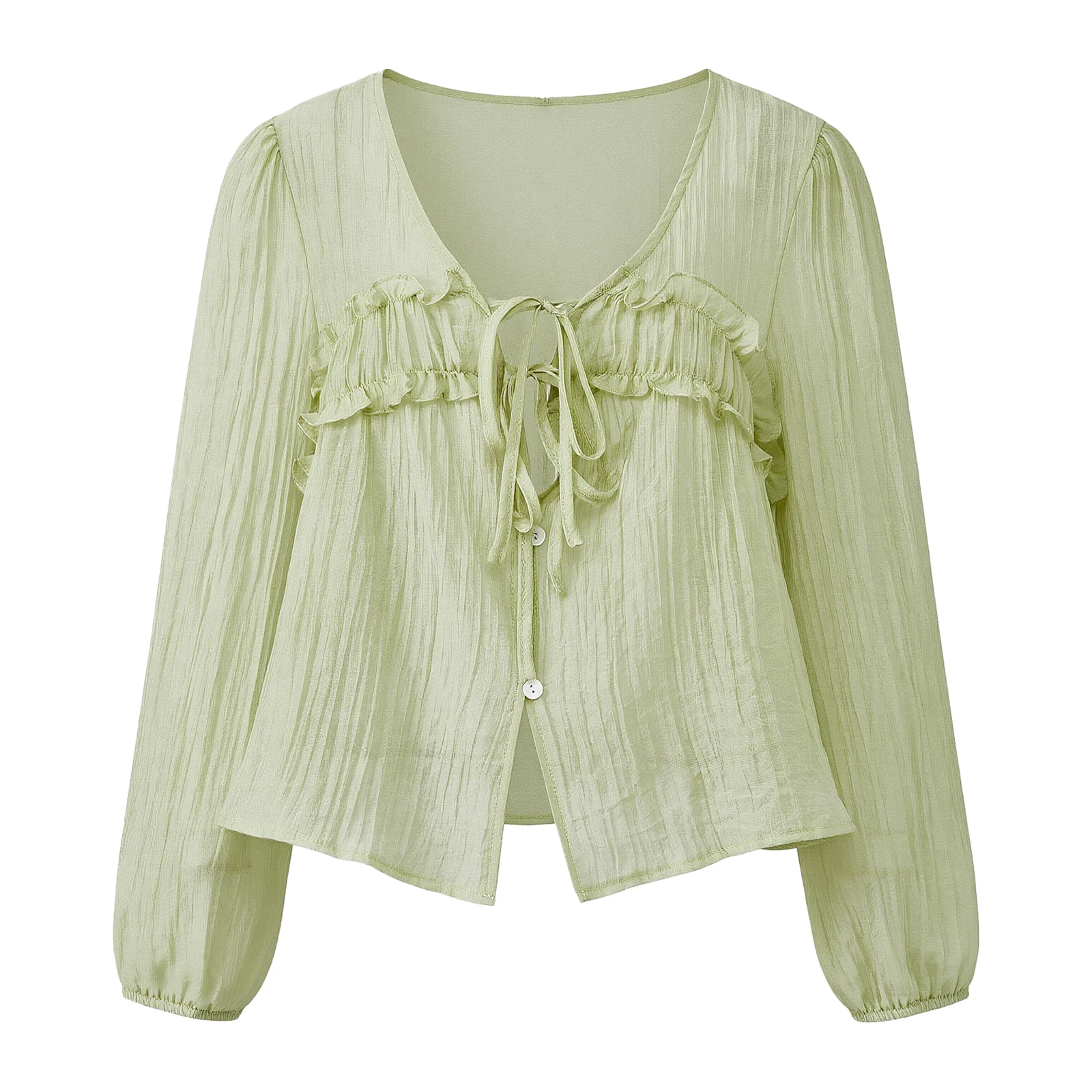 

Women Ruffled Trim Sheer Mesh Shirt Fairy Tie Front Long Sleeve Flowy Pepulm Blouse Boho Loose Chiffon Top