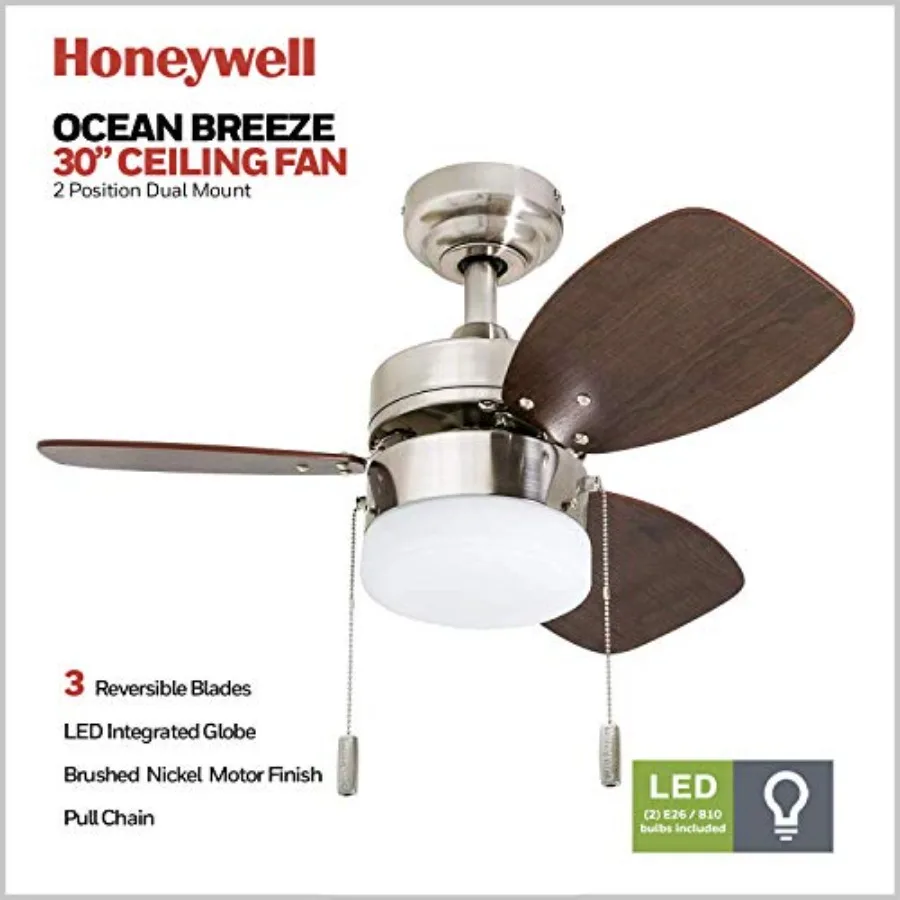 Indoor ceiling fan for modern living spaces, ABS and wood blades, satin nickel and light oak finishes, energy-efficient LED lig