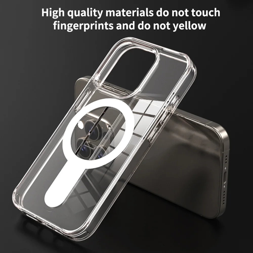 For Magesafe Magnetic Clear Wireless Charge Phone Case Grip tok For iPhone 14 15 Pro Max Plus Shockproof PC Cover With Holder