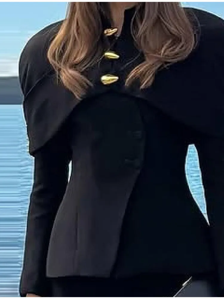 سترة نسائية أنيقة رائعة ببطانة الكتف 2025 جديد ركاب مكتب معدني بوتون القمم الخريف المرقعة سليم صالح الشارع الشهير #6