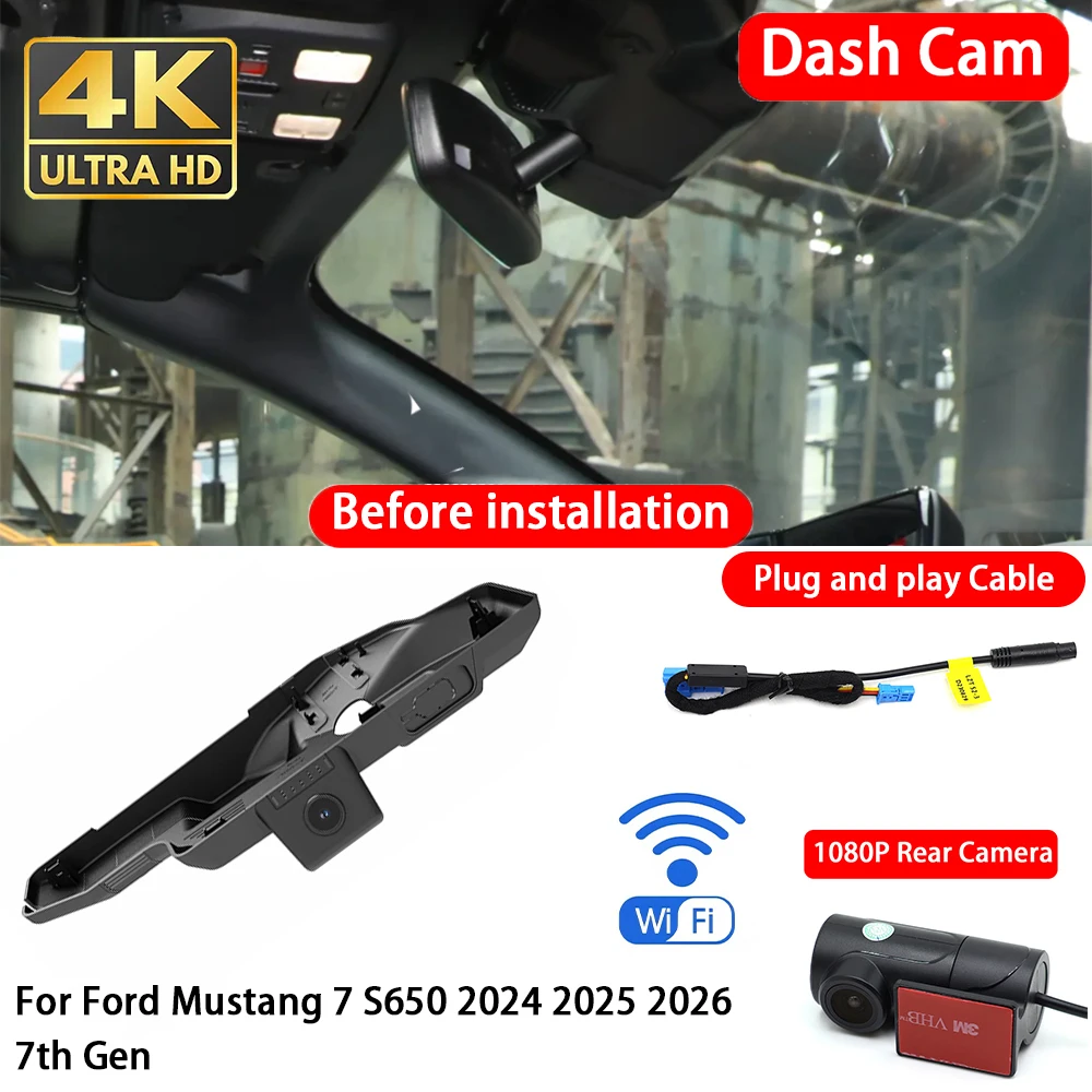 for Ford Mustang 7 S650 2024 2025 2026 7th Gen 4K 2160P Dash Cam Front Rear Car Camera DVR Wifi  Plug & Play Video Recorder