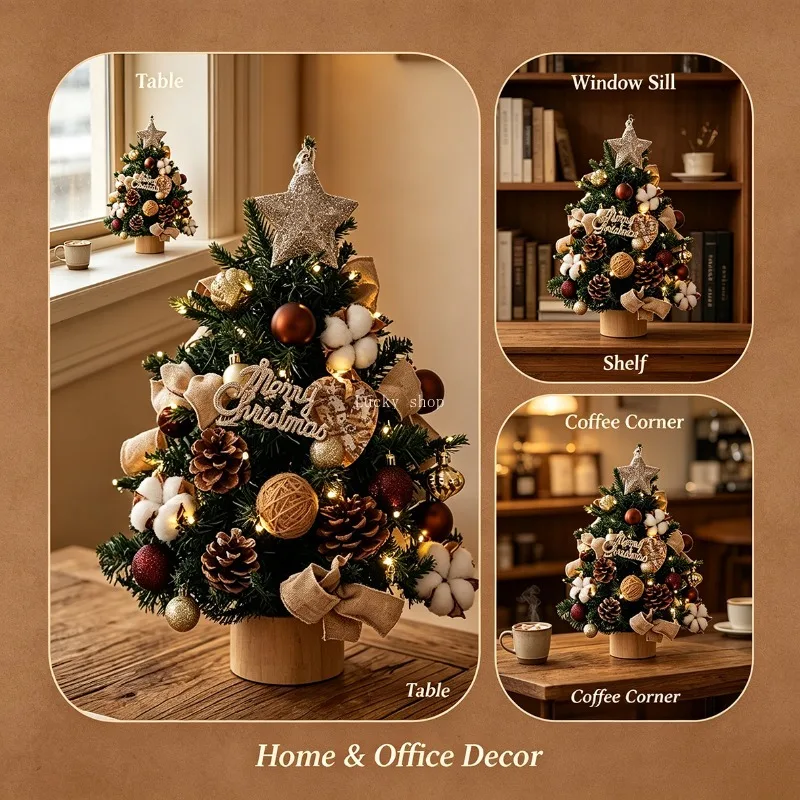 Piccolo albero di Natale da tavolo con stella decorativa, decorazione natalizia preassemblata per essere esposta su un tavolo.