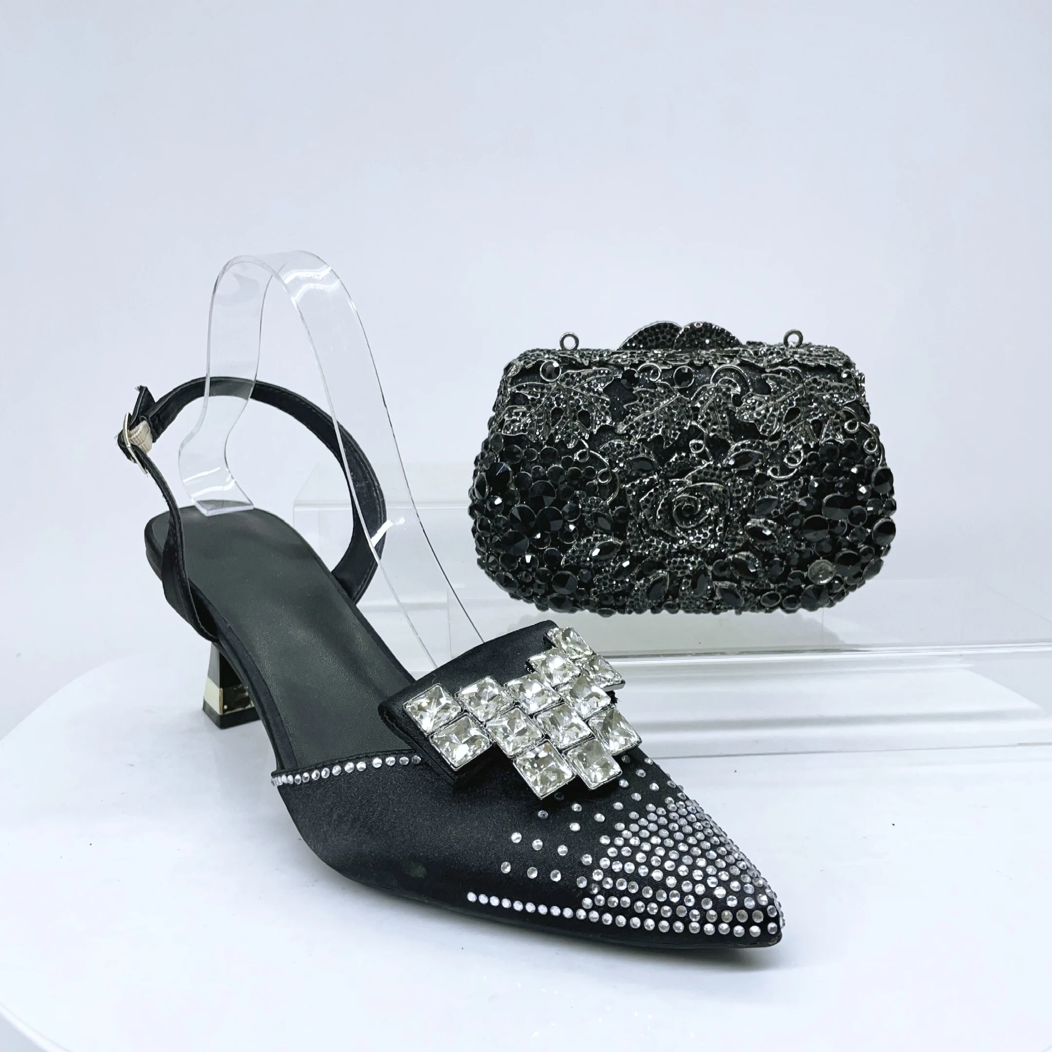 

LNATISNOVA Women Silver Crystals stiletto sandals Gems Shoes and Bag Set Rhinestones high-heeled Wedge Shoes For Wedding Purses