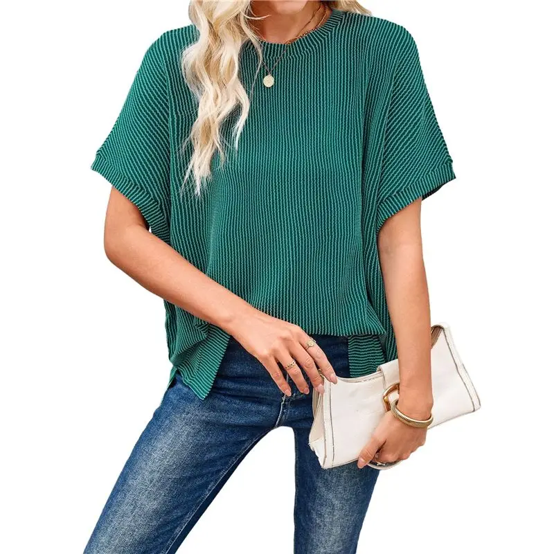

CYL-Womens Oversized Short Dolman Sleeve Tunic Tops Summer Casual Textured Ribbed Knit T-Shirts Loose Fit Tees