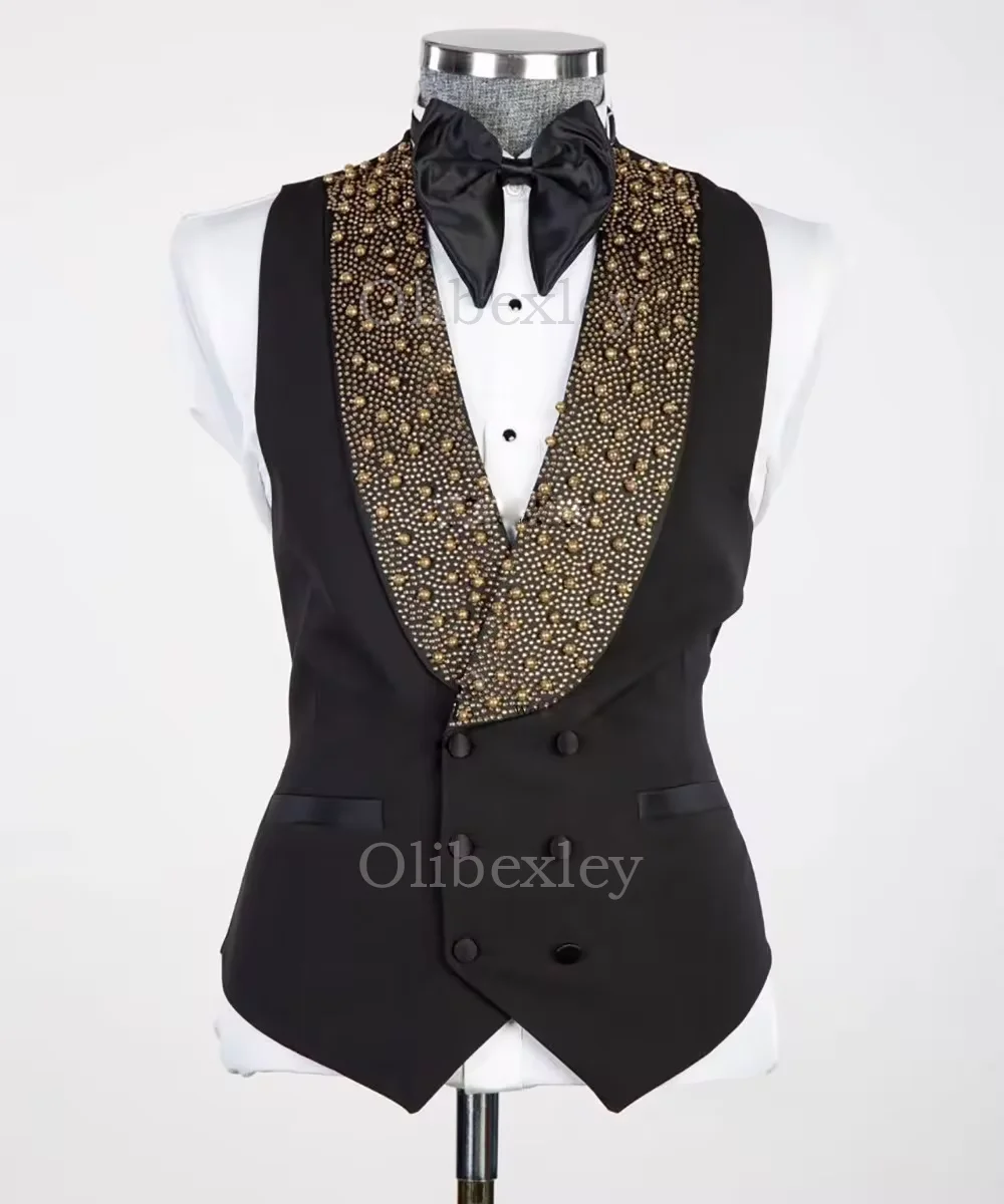 Luxury Mens Suits High Quality 3 Piece Sets Beaded Crystals One Button Tuxedos Wedding Groom Business Dinner Prom