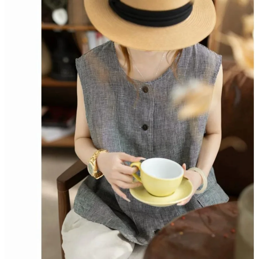 

plus Size Women's Summer New Plaid Cotton Linen Single Button Vest Jacket Retro Waistcoat Comfortable Breathable Casual Top