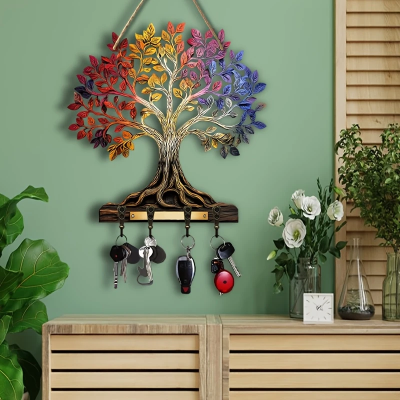 1 Piece 2D Wooden Hanging Decoration with Household Key Hook Tree of Life Pattern Wooden Key Hangers Wall Mount Room