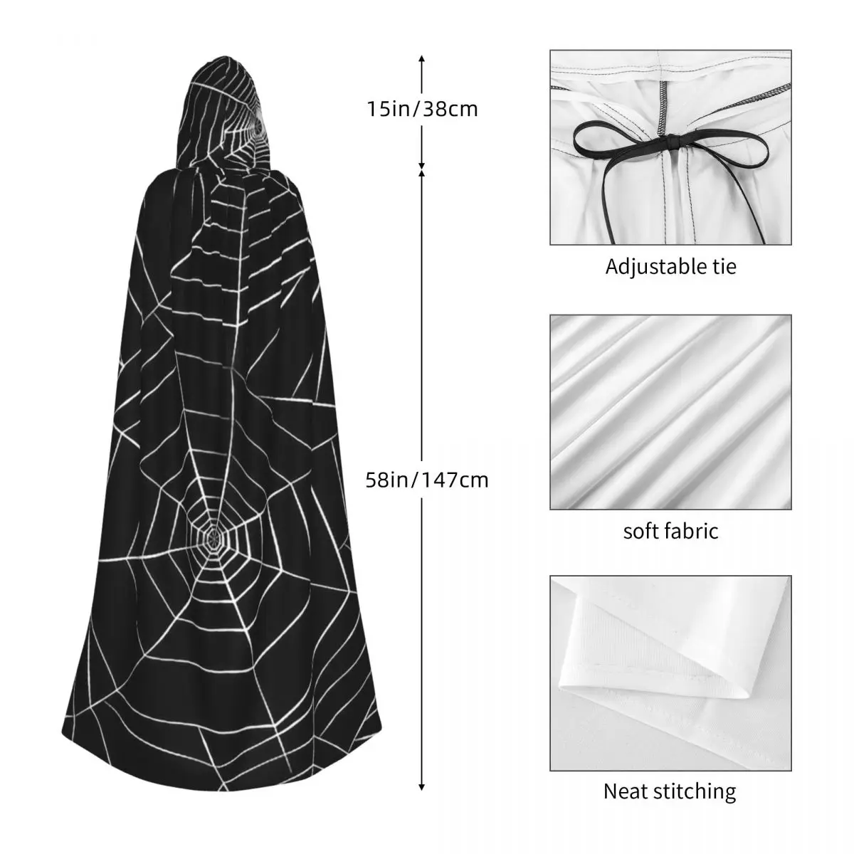 Spider Web Long Hooded Cloak Witch Medieval Costume Cosplay Cape HalloweenCoat Adult Unisex
