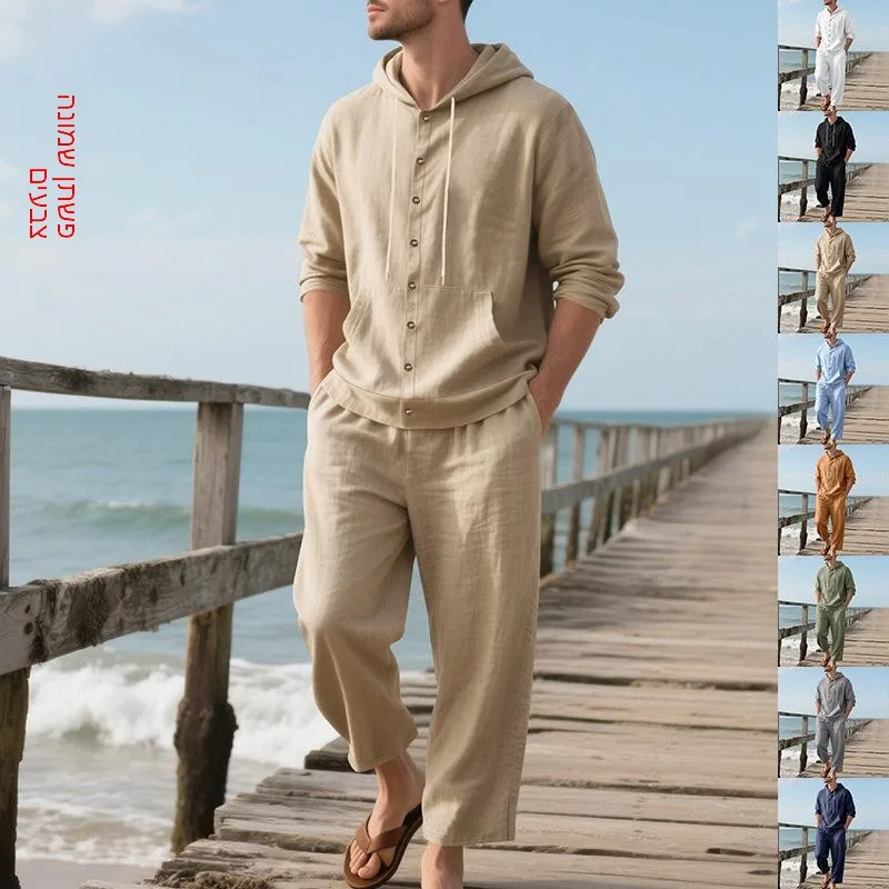 

Loose Linen Men's Long Sleeve Hooded Shirt And Pants Beach Casual Set Handsome Three-piece Suit Autumn Season Seven-quarter S...