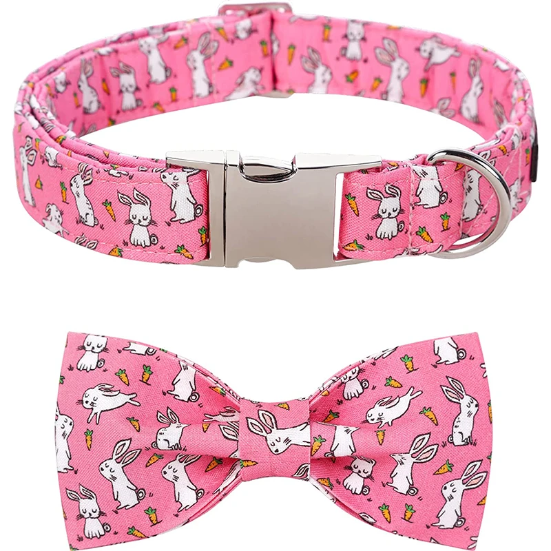 

Unique Style Paws Easter Day Dog Collar with Bowtie, Pink Rabbit Dog Bowtie Collar with Metal Buckle for Dogs and Cats