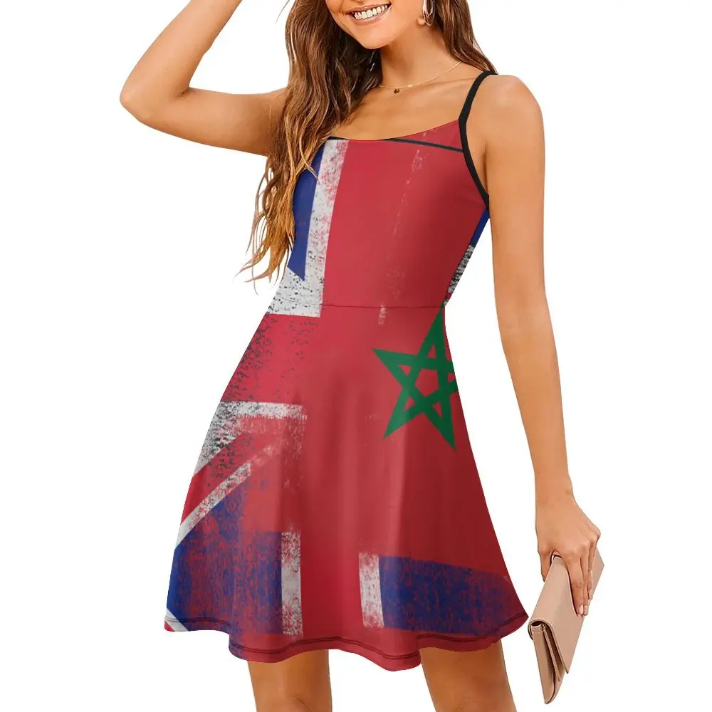 British Moroccan Half Morocco Half UK Flag Graphic Cool Sexy Woman's Clothing Women's Sling Dress Humor Graphic  Vacations Dress