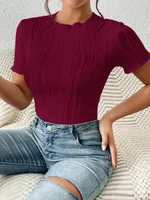 Spring/summer women's bodysuit tops short-sleeved crewneck T-shirts wavy jacquard trims stretch fabrics - Image 5
