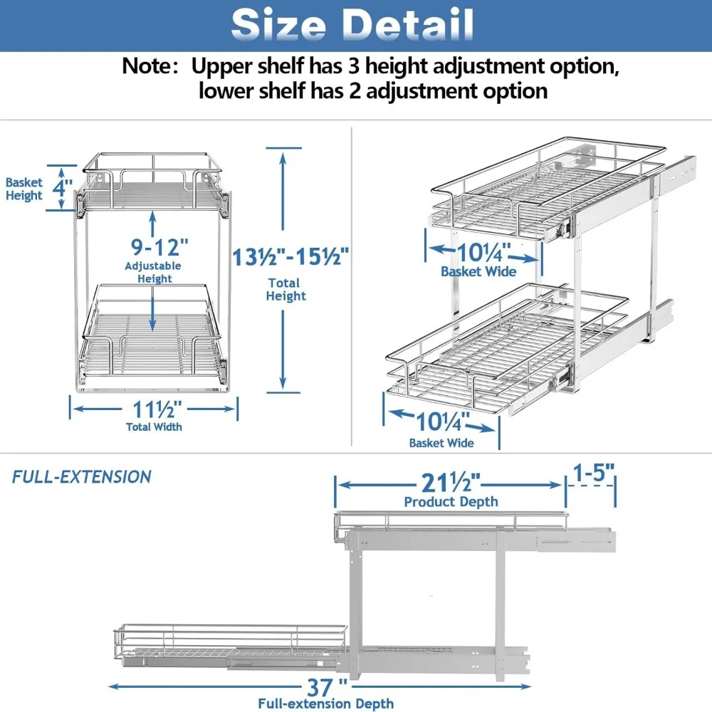 منظم خزانة قابل للسحب - مساحة تخزين للمطبخ بطبقتين مع أرفف منزلقة، عرض 11.5 × 21.5 عمق، حل موفر للمساحة لـ Eff