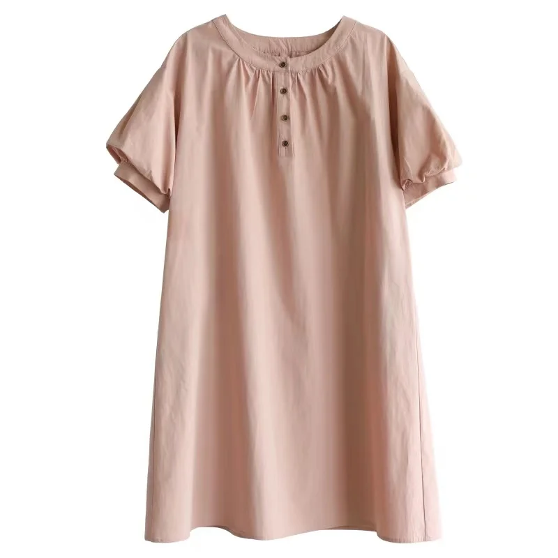 レトロな丸いネックのコットン混紡素材のサマースカート、ゆったりとしたミディ丈、レディース服、タグ付き、韓国風、通勤、ピュアなC...