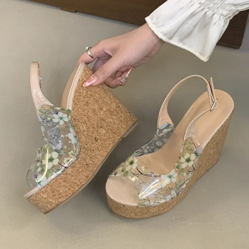 

Women's Floral Print Clear PVC Peep Toe Cork Wedge Sandals, Ankle Strap Platform Mules, Summer Beach Vacation Casual Footwear