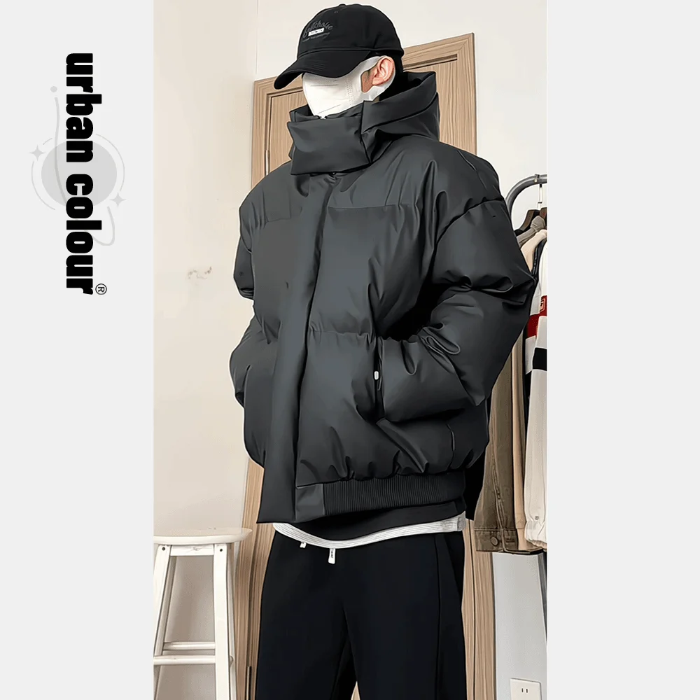 

Retro American PU Leather Hooded Thiened Winter Jaet Men's Cotton Coat Anti-Wind Loose Fit Youth Trendy Brand Outerwear