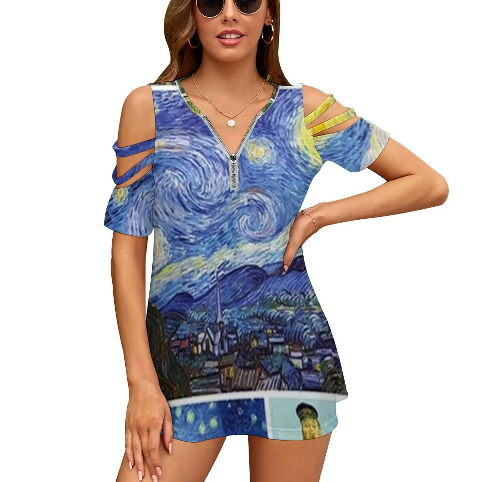 Vincent Van Gogh Collage Women's T-Shirt New Fashion Printed Zipper V-Neck Short Sleeve T Shirts Casual Plus Size Vincent Van