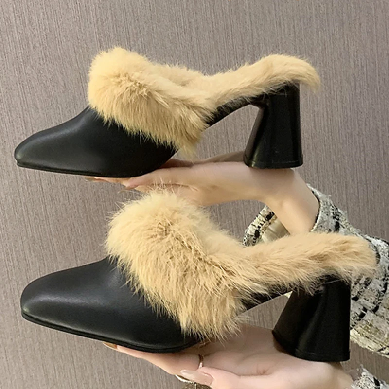 Winter Women Fur Shoes Elegant Fashion Closed Toe Mules 5cm High Heel Height Shoes Lady Sexy Chunky Soft Warm Slippers 35-39