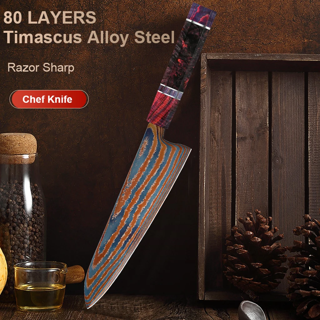 

8-inch Damascus steel kitchen chef knife Timascus knife blade Titanium Cut Vegetable and Meat Stabilized Colored Wood Handle