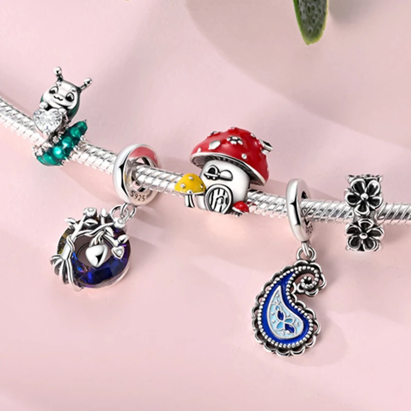 Spring Charms Beads Pendant 925 Sterling Silver Flower Butterfly Dragonfly Mushroom Charms Fit Bracelet Woman Man DIY Jewelry