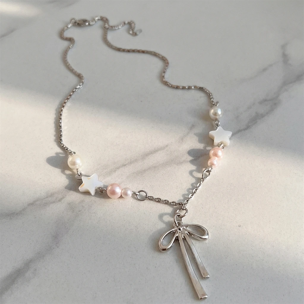 Y2K Coquette Silver Color Bow Knot Necklace for Women Faux Pearl Star Beaded Clavicle Chain Balletcore Aesthetic Jewelry Gift