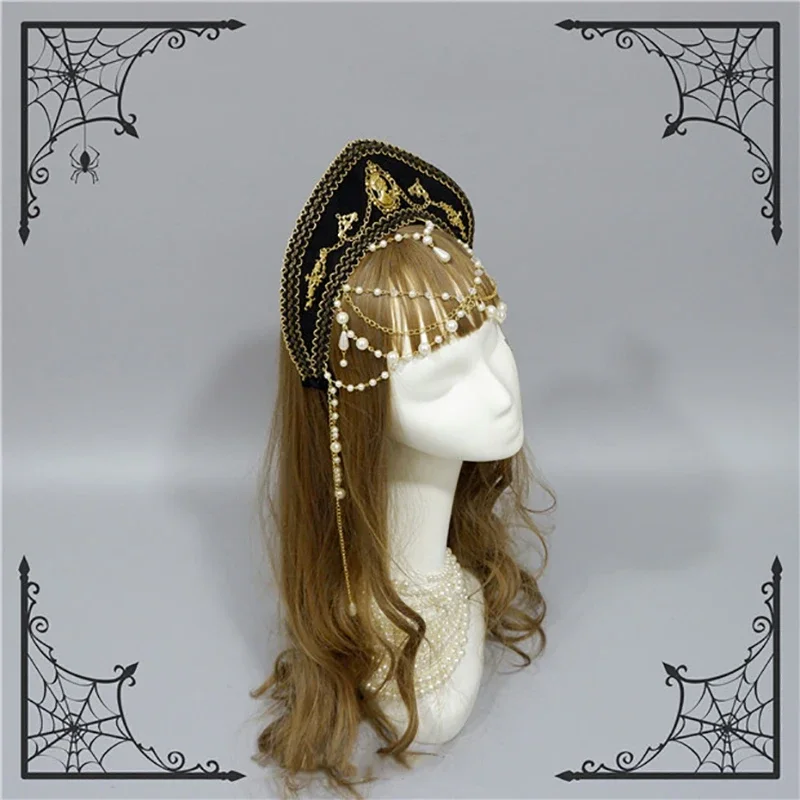 Lolita Girl Gothic Beads Chain Tudor Crown Hood Coronet Headpiece Elizabethan Renaissance Goddess Royal French Tiara Headband