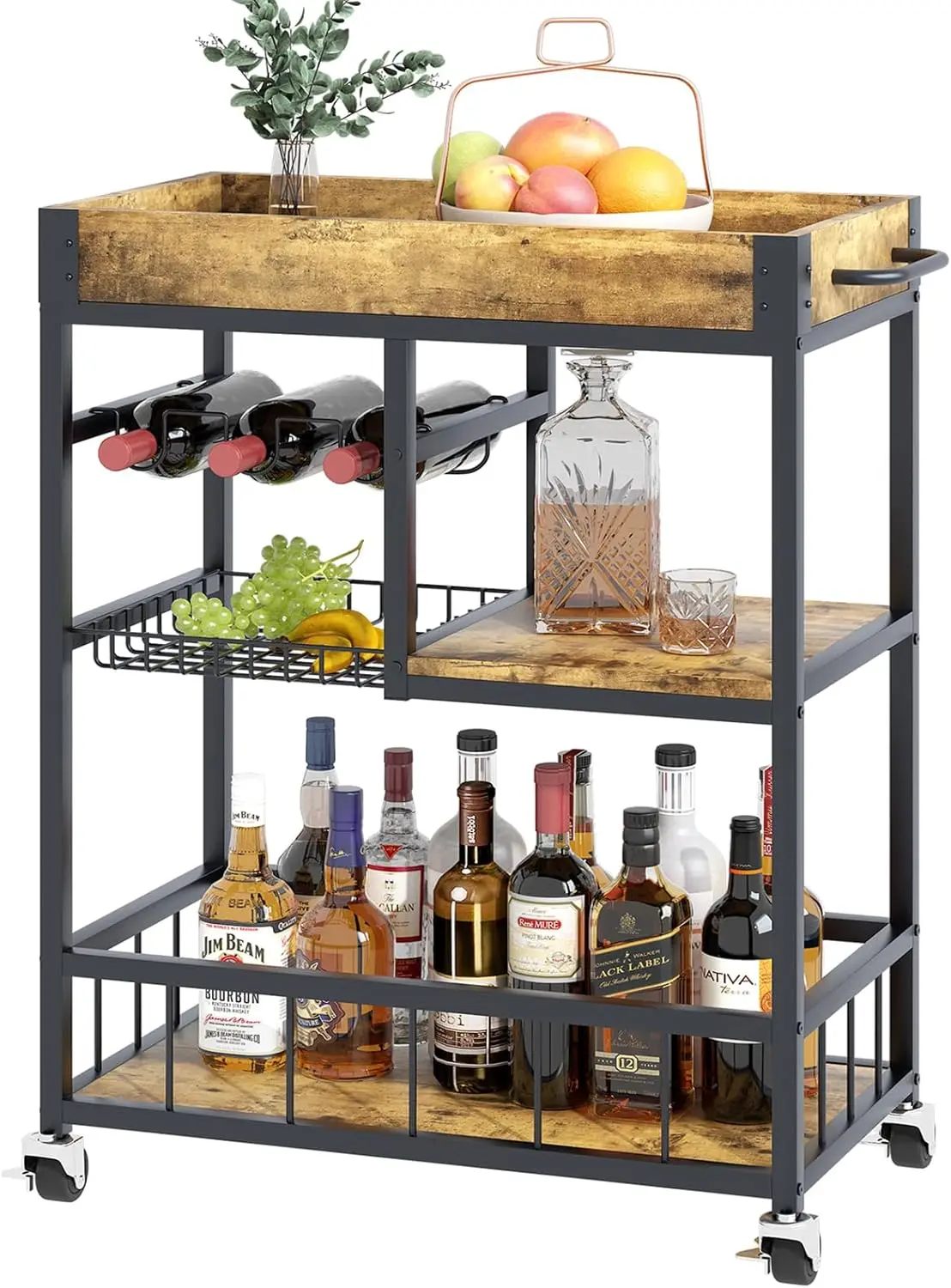 

3-Tier Rolling Bar Cart with Wine Rack & Glass Holder, Vintage Style Wood & Metal Serving Trolley
