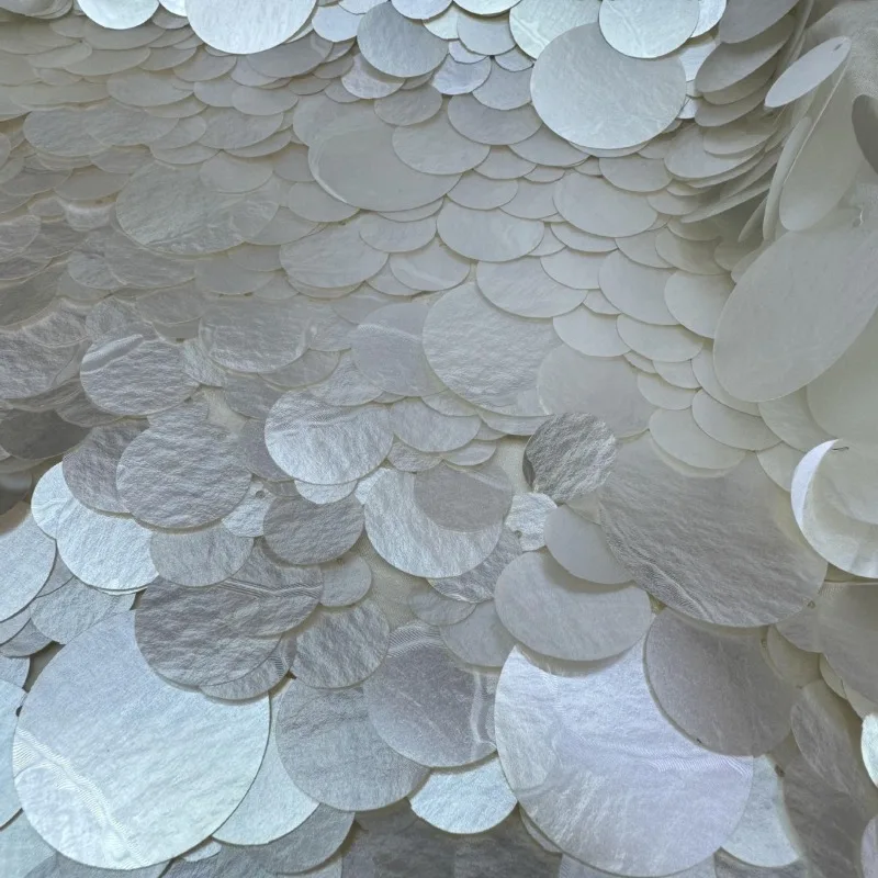 3D Round Pearl White Sequin Embroidered Tulle Fabric Decorative Mesh Cloth for Clothing Wedding Layout Stage Backdrop Fabric