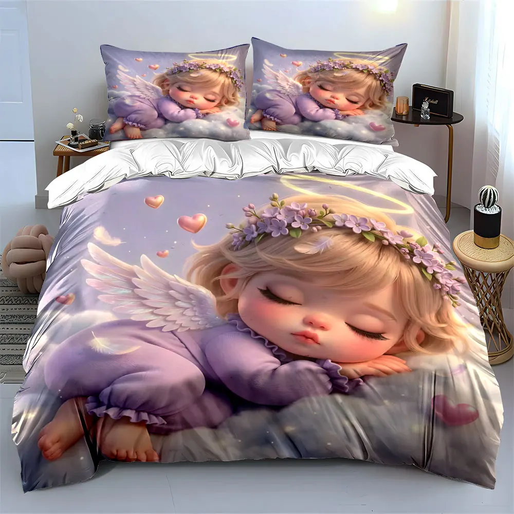 Multiple sizes Little angel on clouds Print Bedding Set 1Duvet Cover 2 Pillowcases for Adult and Children Luxury Gift Full Size