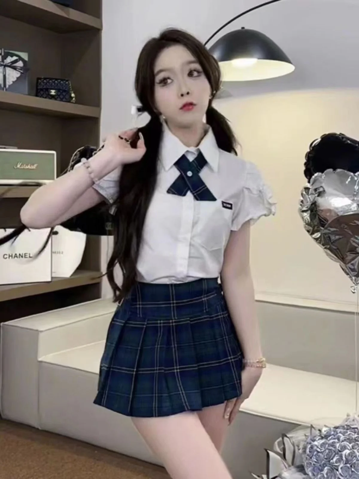 

Комплект женской униформы в британском стиле: летняя приталенная рубашка, галстук, плиссированная юбка, комплект из двух предметов в японском стиле Pure Desire