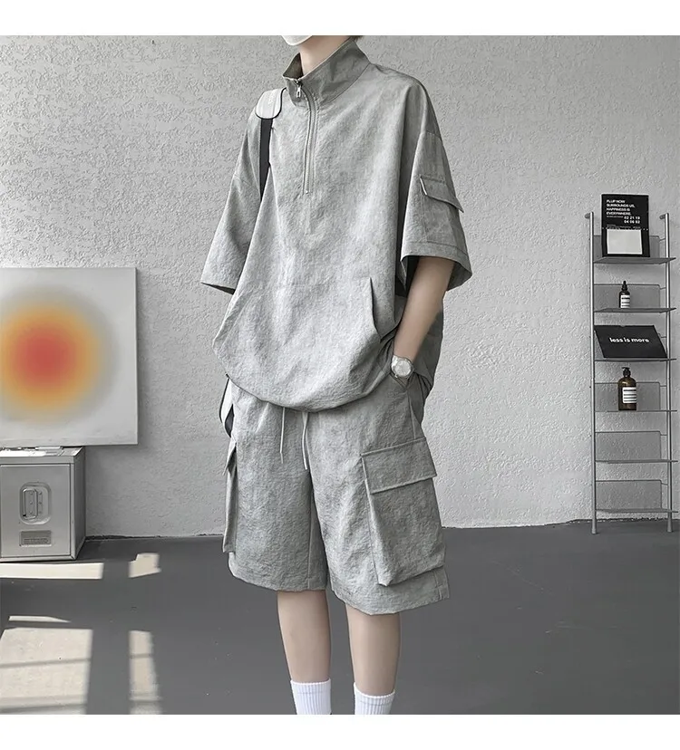 2026 Sommer Hong Kong Style Halb-Reißverschluss-Färbe-Set aus Eisseide mit Kühlfunktion, zweiteiliges Sportswear-Outfit im Hanfu-Stil mit kurzen Ärmeln – Detail 22