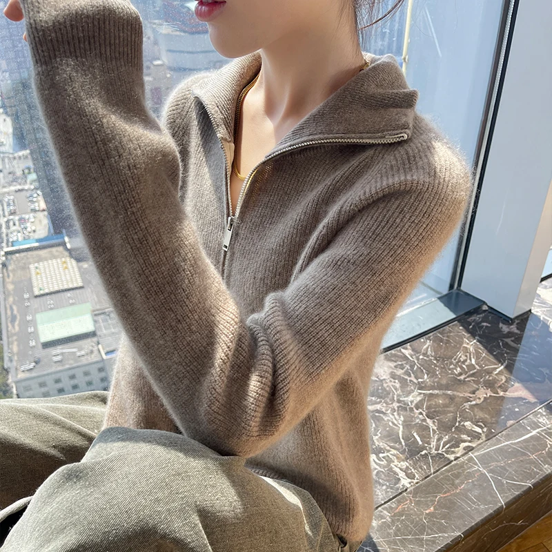 Autumn and winter 100 pure cashmere sweater women\'s high lapel zipper solid color pullover long sleeve wool knitted bottoming sh