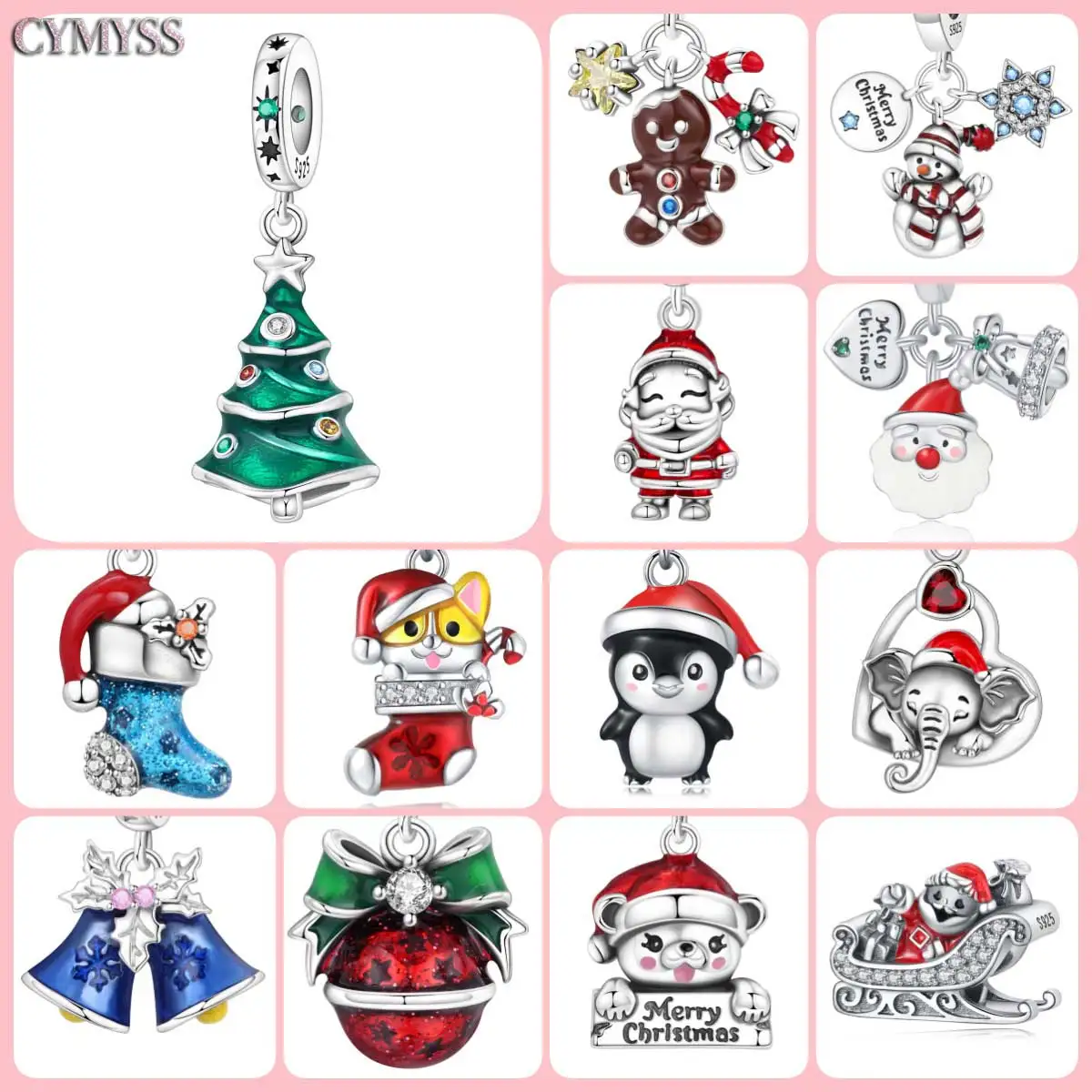 

2025 Holiday 925 Sterling Silver Polar Bear Funny Santa Snowman Tree Bell Charm Beads Fit DIY Bracelet Christmas Gift Jewelry