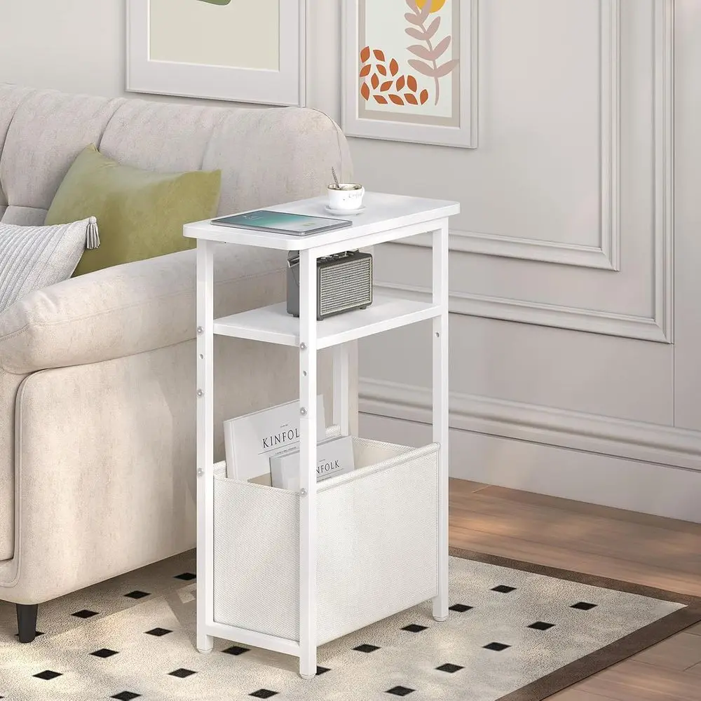 زوج من طاولات جانبية رفيعة مع سلال قماشية، أرفف مدمجة من طبقتين، طاولات ليلية بيضاء لغرفة المعيشة والمكتب