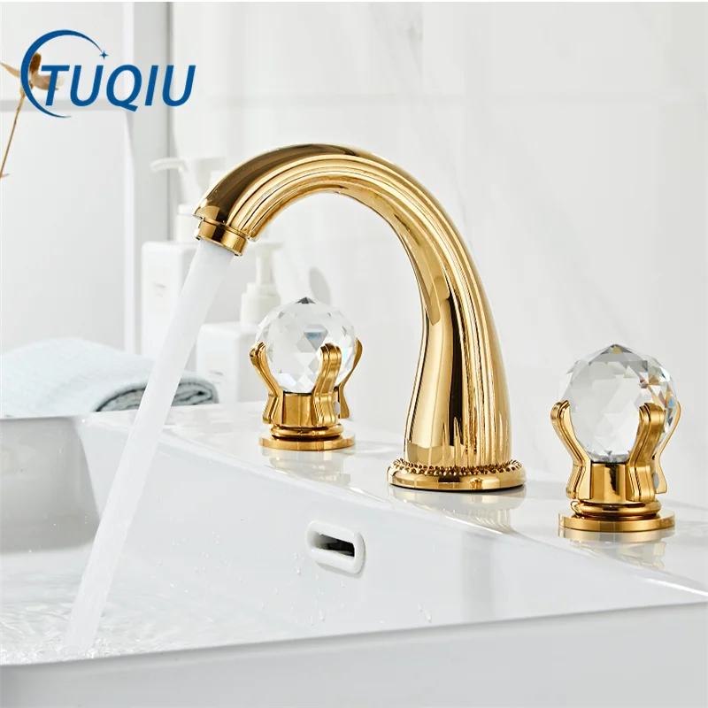 Tuqiu Basin Faucet Gold Widespread Sink Tap Brass Faucet Bathroom Sink Faucet 3 Hole Crystal Handle Hot And Cold Water Tap