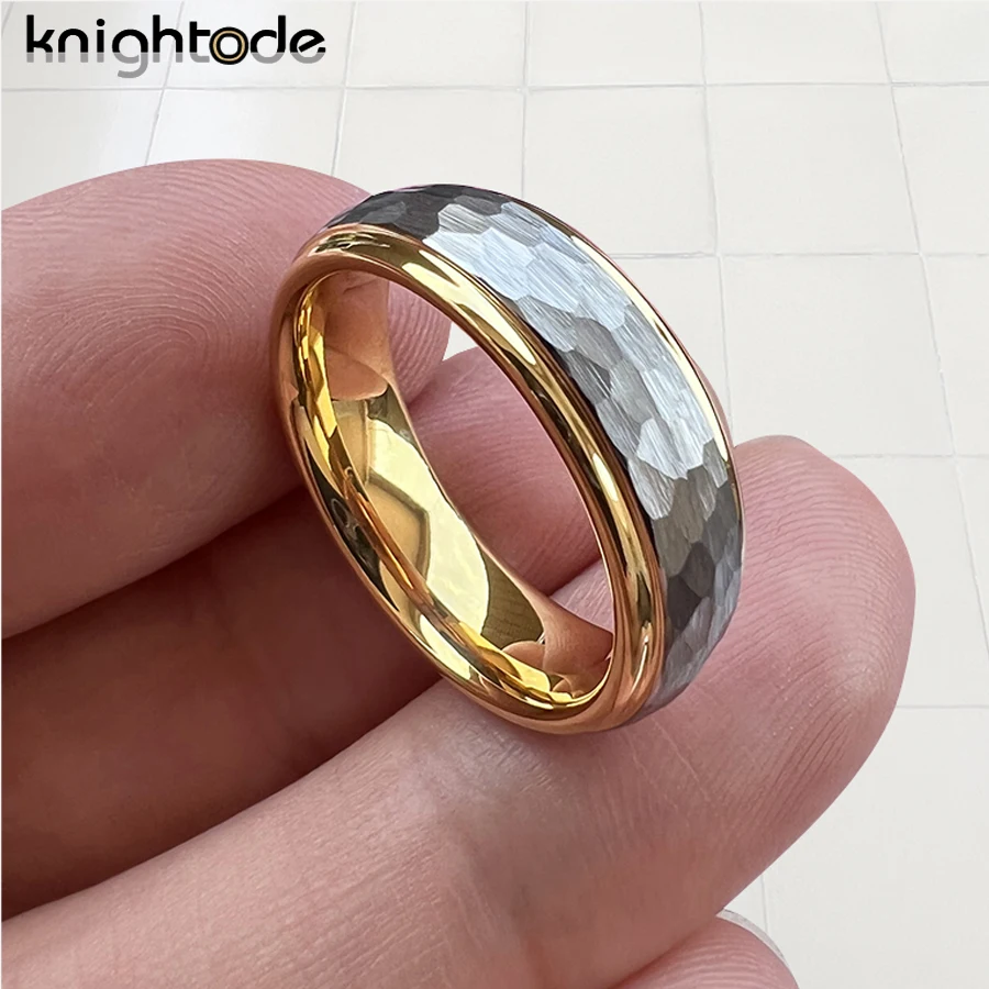6mm Tungsten Carbide Wedding Band for Women Engagement Rings Silvery Irregularity Hammered Stepped Edges Brushed Comfort Fit