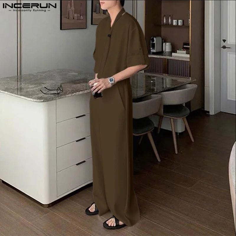 Incerun conjuntos masculinos cor sólida com decote em v camisa de manga curta e calças duas peças define streetwear solto 2025 moda casual ternos masculinos