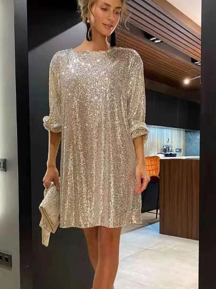 New Party Sequins Mini Dress Women O-neck Lantern Sleeve Dresses Women Casual Loose Lace Robe Femme Red Платье Женское Vestidos