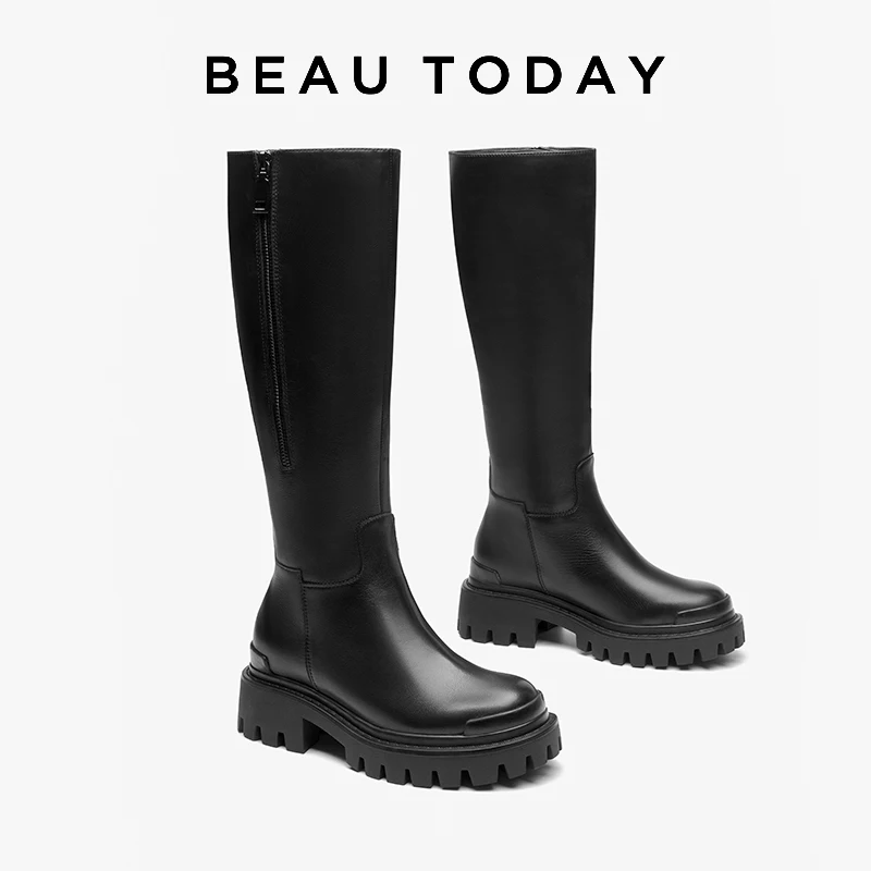 BEAUTODAY Knee-high Boots Women Genuine Cow Leather Solid Color Zipper Winter Warm Thick Sole Ladies Shoes Handmade 01517