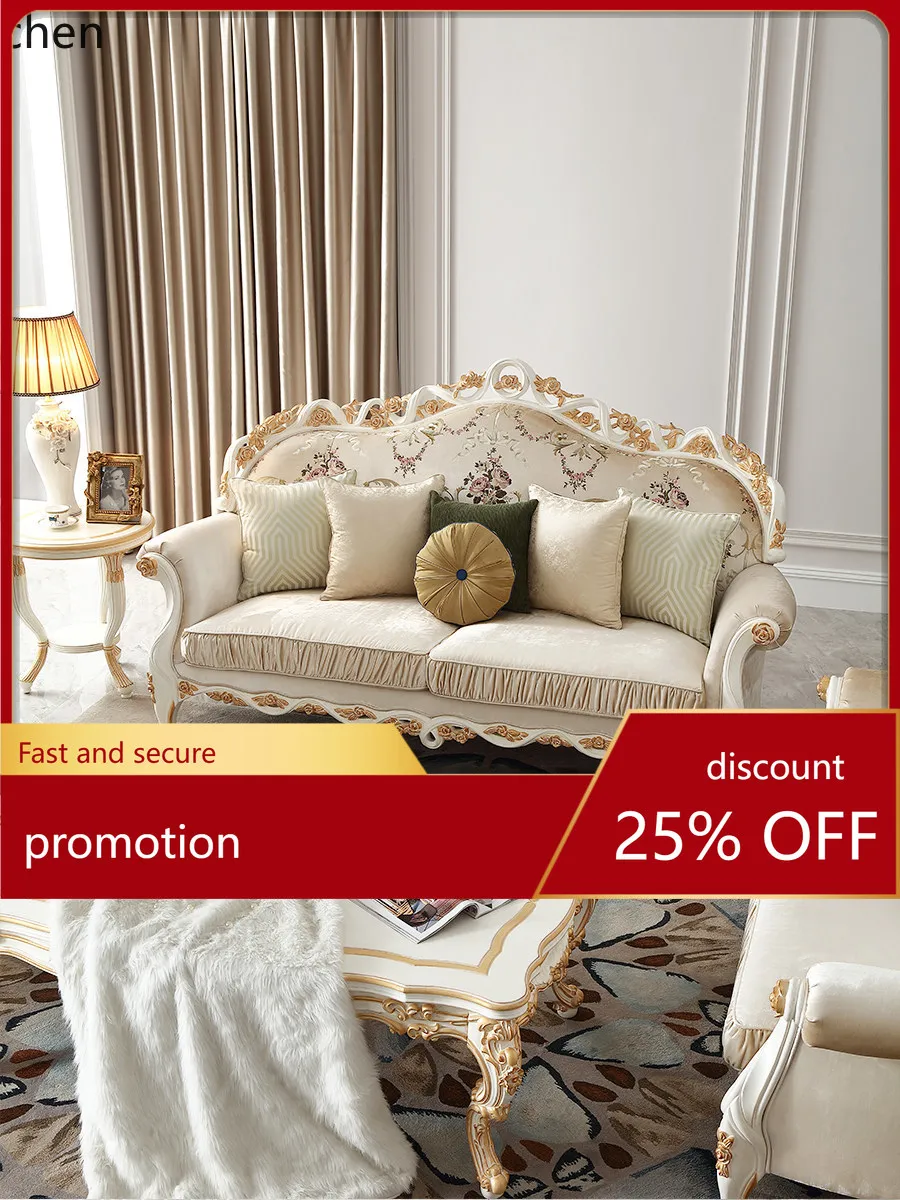 

YFY French Retro Pastoral Embroidery Fabric Solid Wood Sofa European Palace Villa Large Flat Sofa